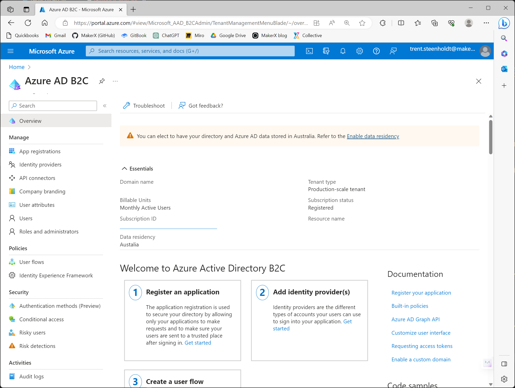 Azure AD B2C page in Azure Portal