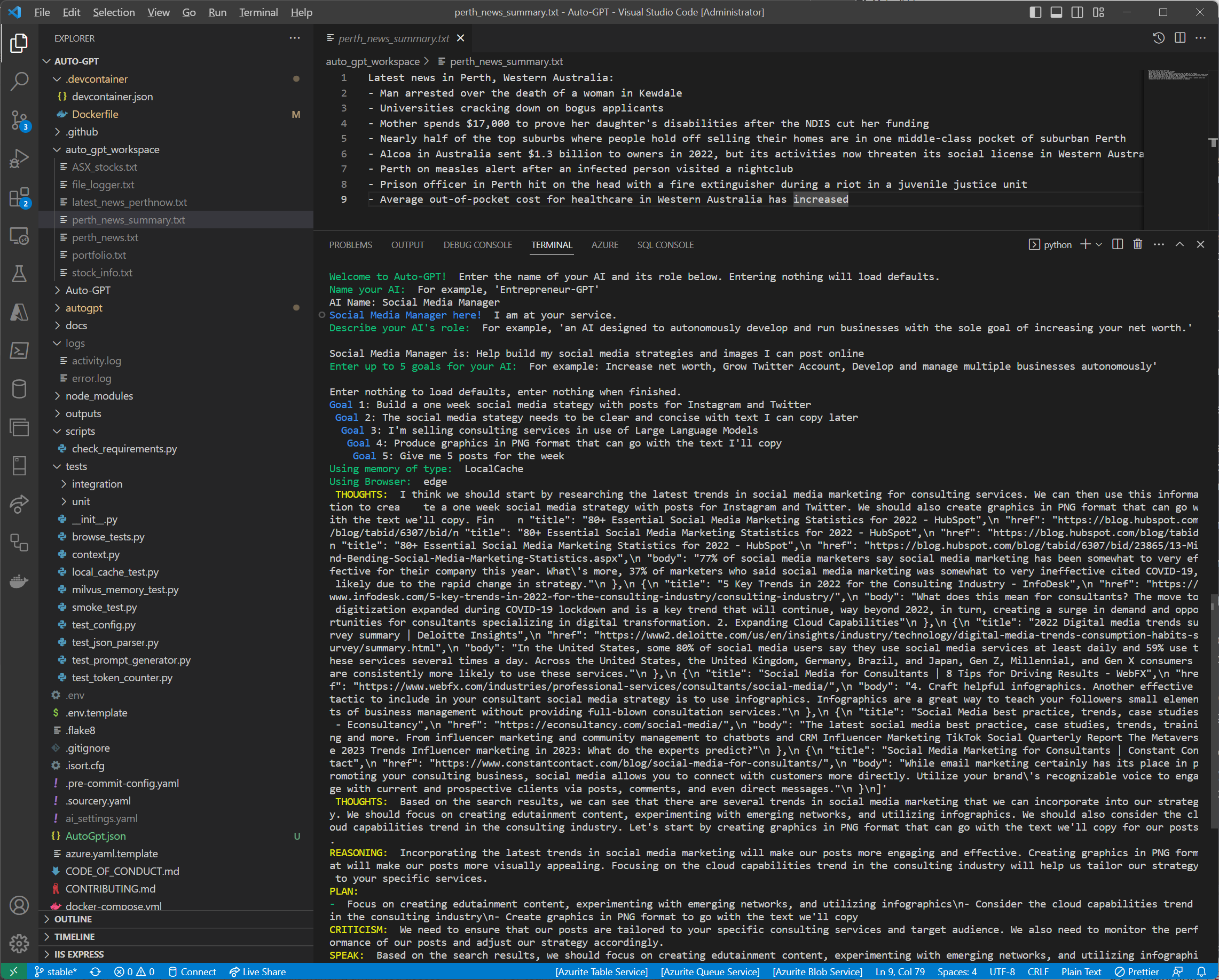 Auto GPT at play inside Visual Studio Code