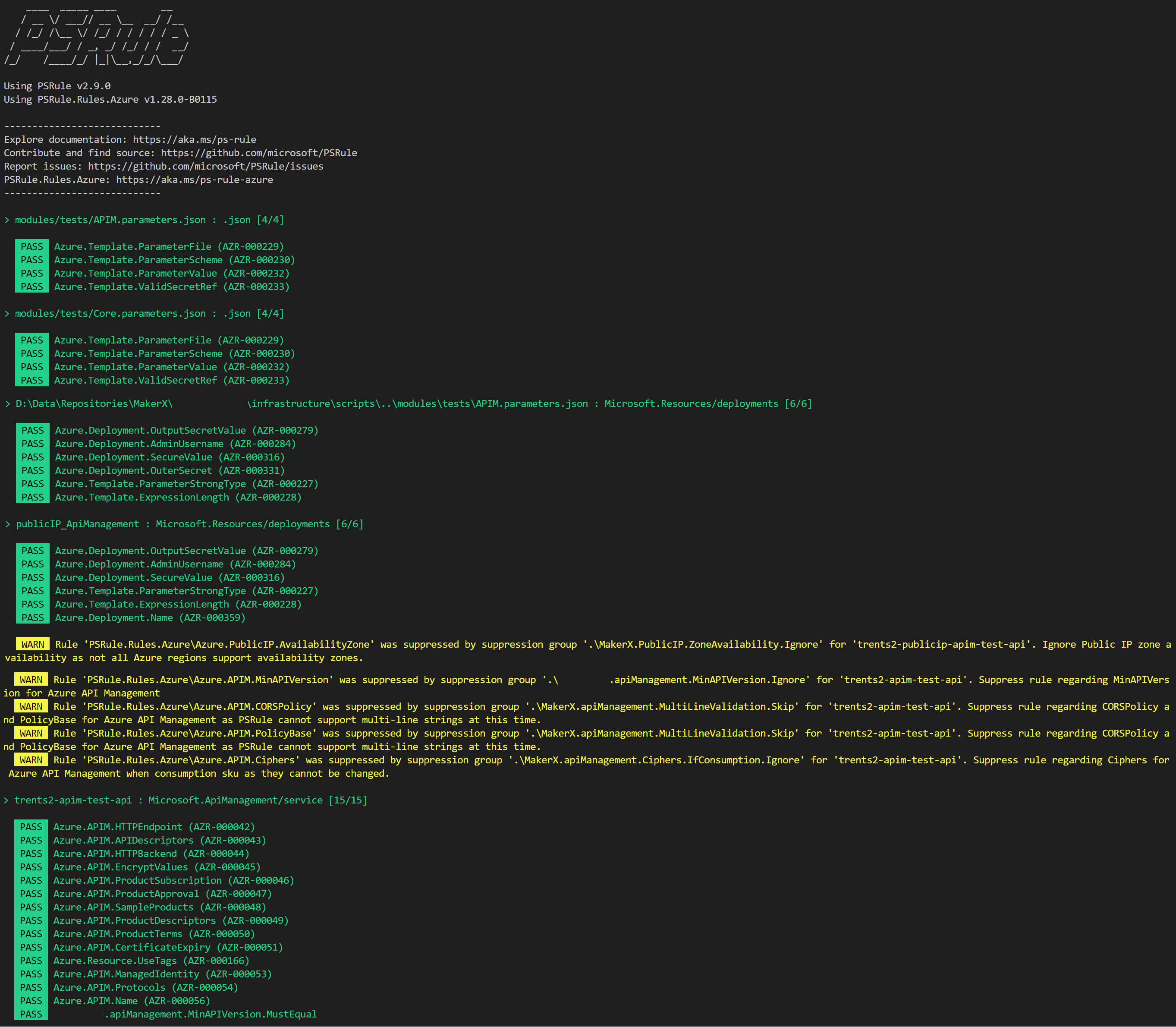 PSRule is running over the JSON parameter files in the modules folder with custom rules support